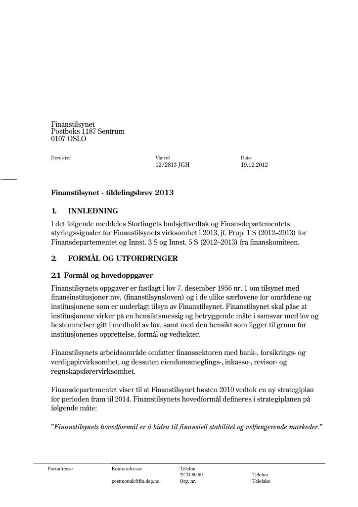 Forsiden av dokumentet Tildelingsbrev (pdf)