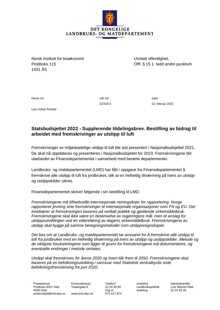 Forsiden av dokumentet Tildelingsbrev Norsk institutt for bioøkonomi - NIBIO 2022 - tillegg nr. 22