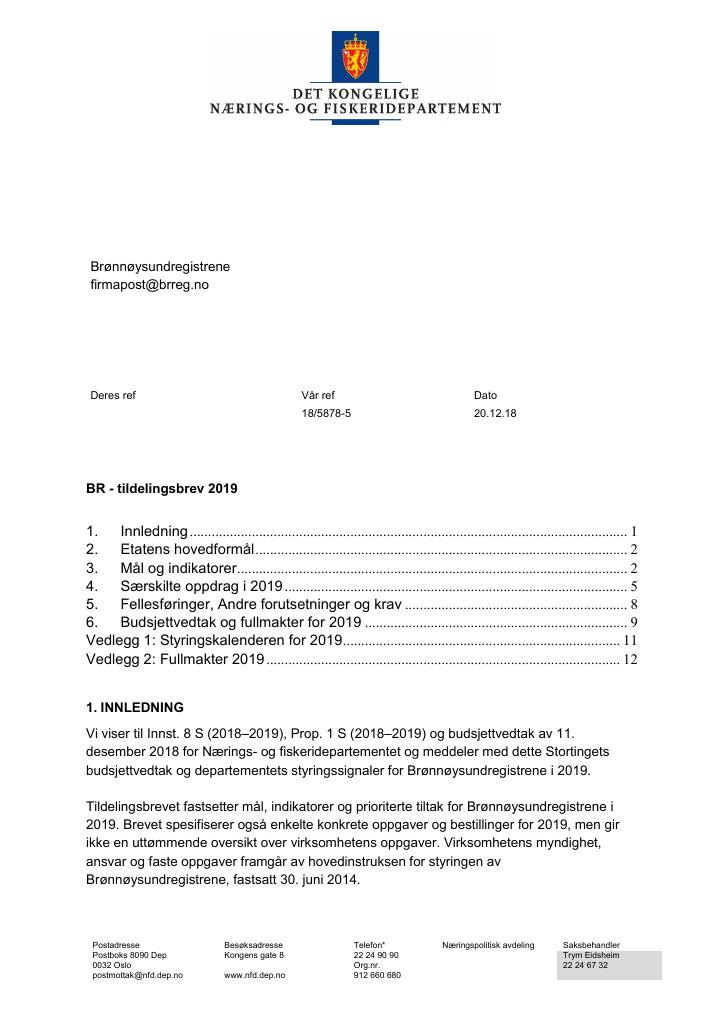 Forsiden av dokumentet Tildelingsbrev Brønnøysundregistrene 2019