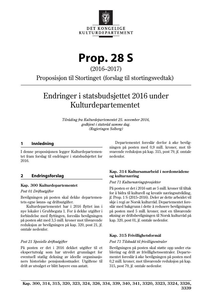 Forsiden av dokumentet Prop. 28 S (2016–2017)