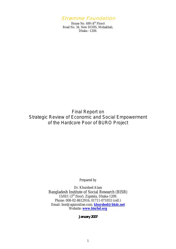 Forsiden av dokumentet Final Report on Strategic Review of Economic and Social Empowerment of the Hardcore Poor of BURO Project