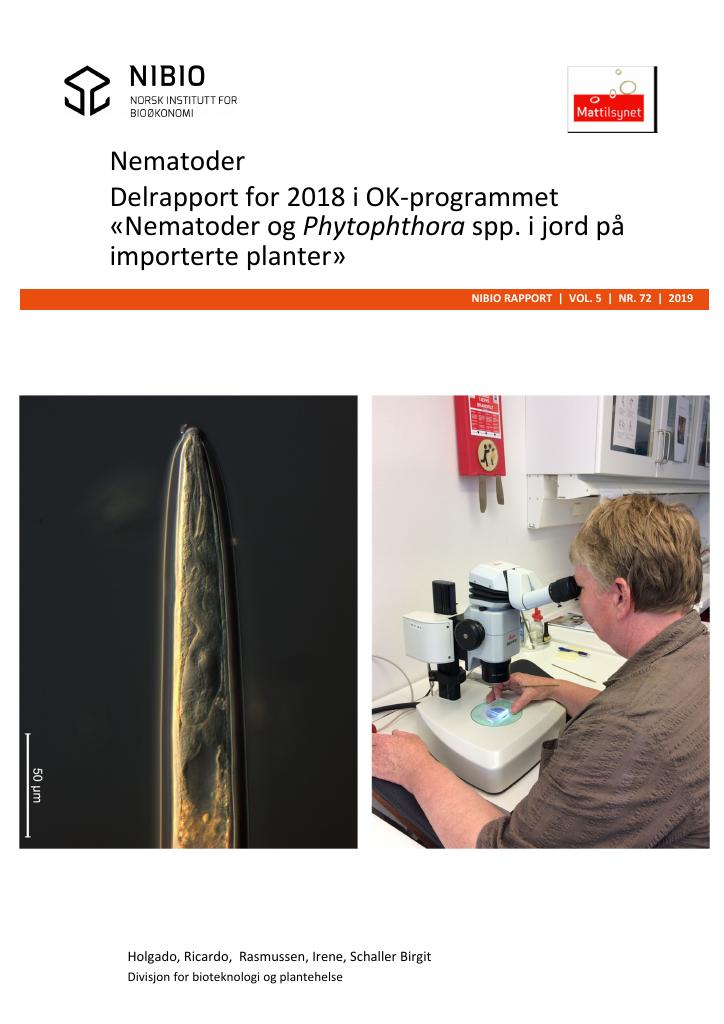 Forsiden av dokumentet Delrapport for 2018 i OK-programmet «Nematoder og Phytophthora spp. i jord på importerte planter”