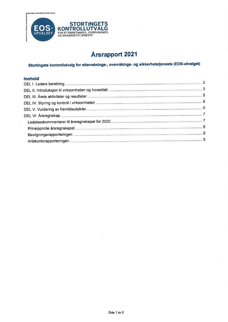 Forsiden av dokumentet Årsrapport EOS-utvalget 2021