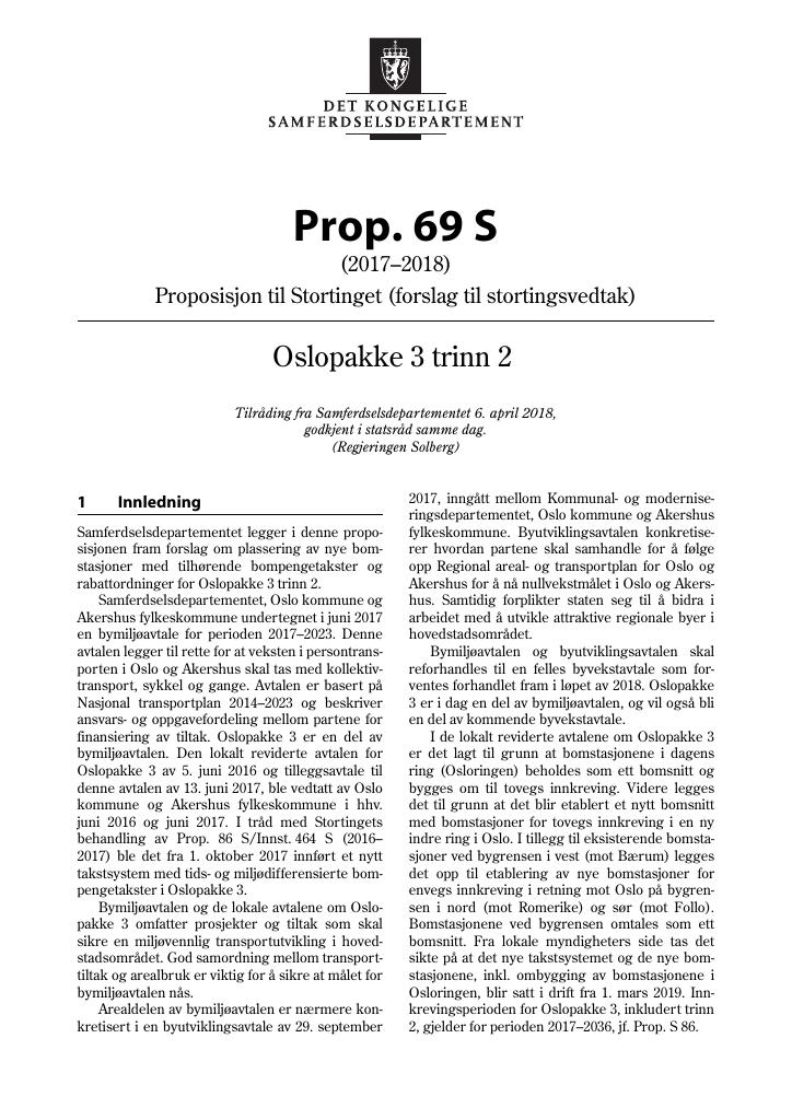 Forsiden av dokumentet Prop. 69 S (2017–2018)
