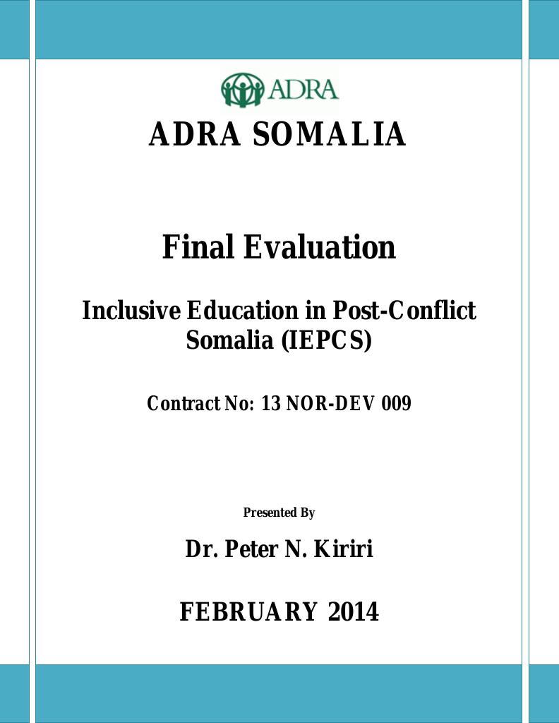 Forsiden av dokumentet ADRA Somalia Final Evaluation: Inclusive Education in Post-Conflict Somalia (IEPCS)