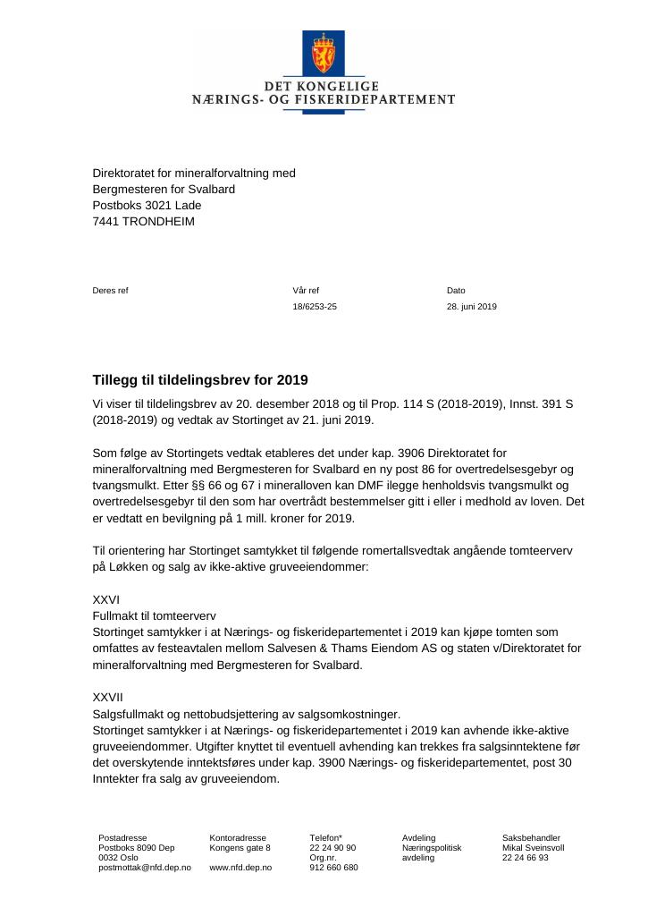 Forsiden av dokumentet Tildelingsbrev Direktoratet for mineralforvaltning med
Bergmesteren for Svalbard 2019 - tillegg nr. 1