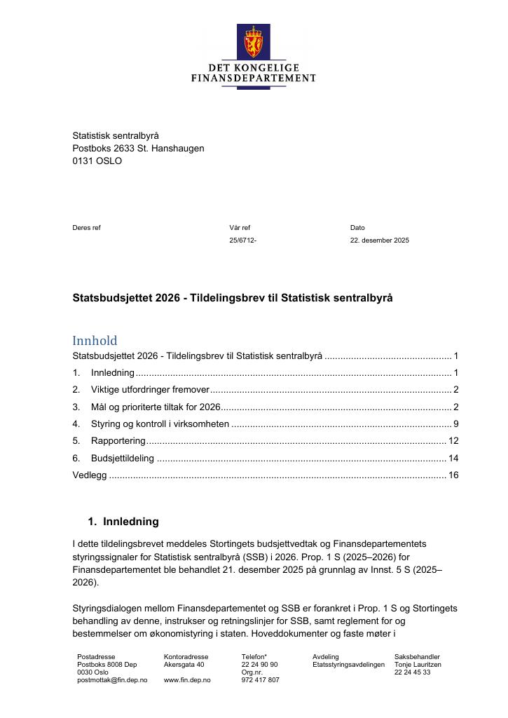 Forsiden av dokumentet Tildelingsbrev Statistisk sentralbyrå 2026