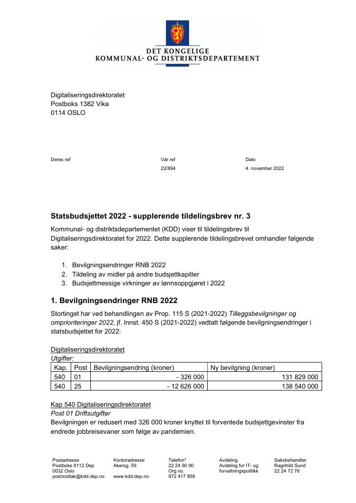 Statsbudsjettet 2022 - Supplerende Tildelingsbrev Nr. 3 (L)(141780) - Kudos