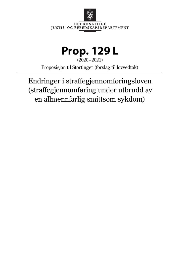 Forsiden av dokumentet Prop. 129 L (2020–2021)