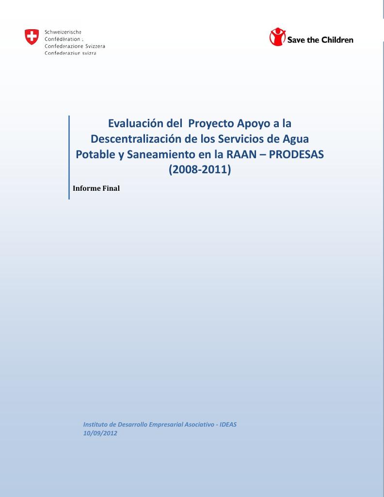 Forsiden av dokumentet Support to Decentralisation of Water Supply and Sanitation Services in the RAAN – PRODESAS (2008-2011)