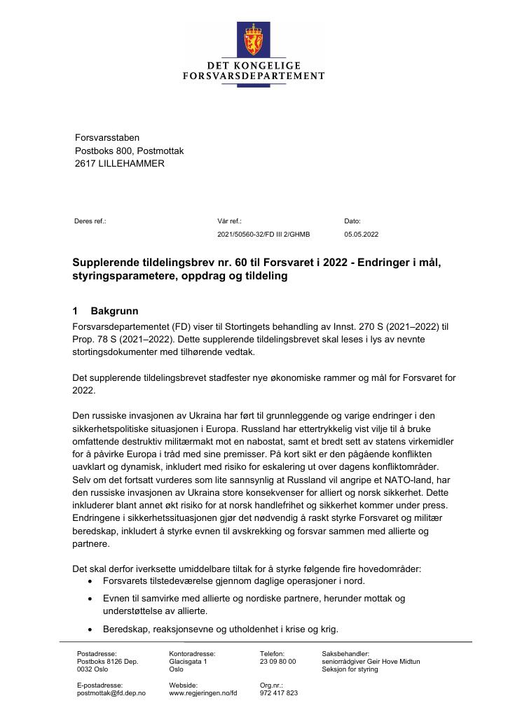 Forsiden av dokumentet Tildelingsbrev Forsvaret 2022 - tillegg nr. 60