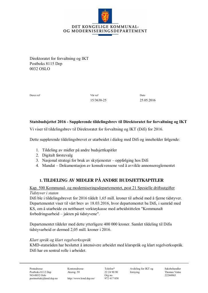 Forsiden av dokumentet supplerende brev mai (pdf)