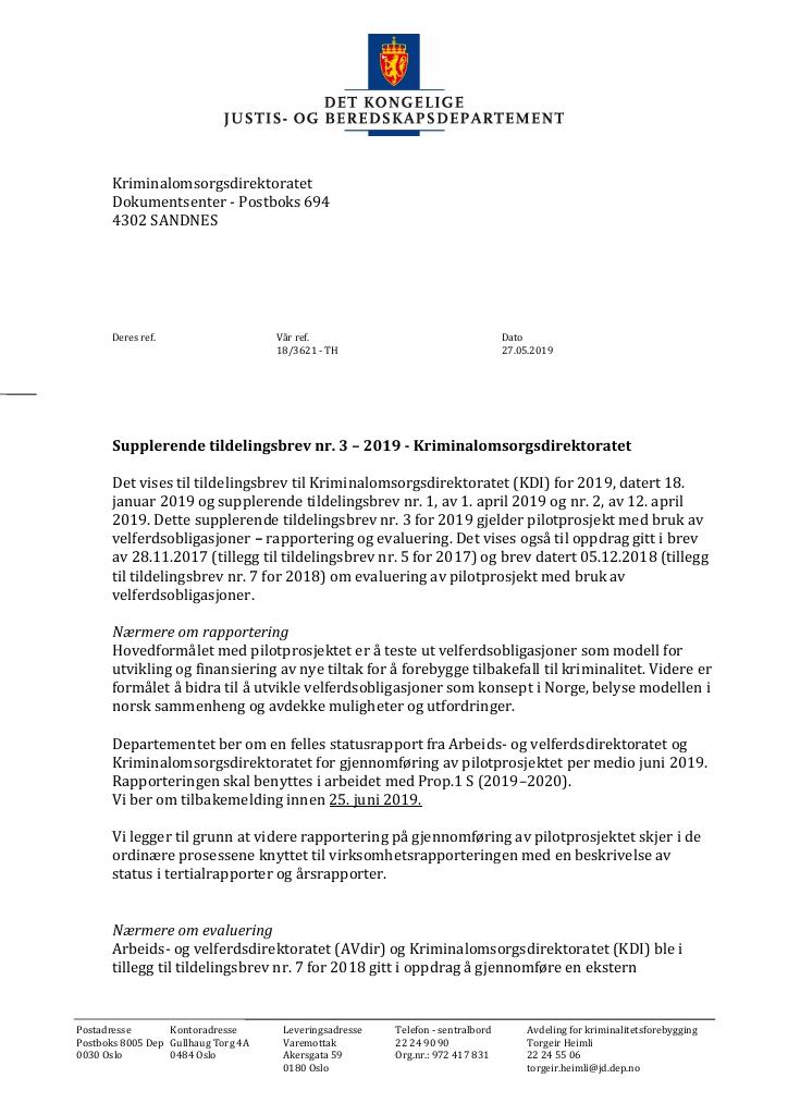 Forsiden av dokumentet Supplerende tildelingsbrev nr 3 2019 (PDF)