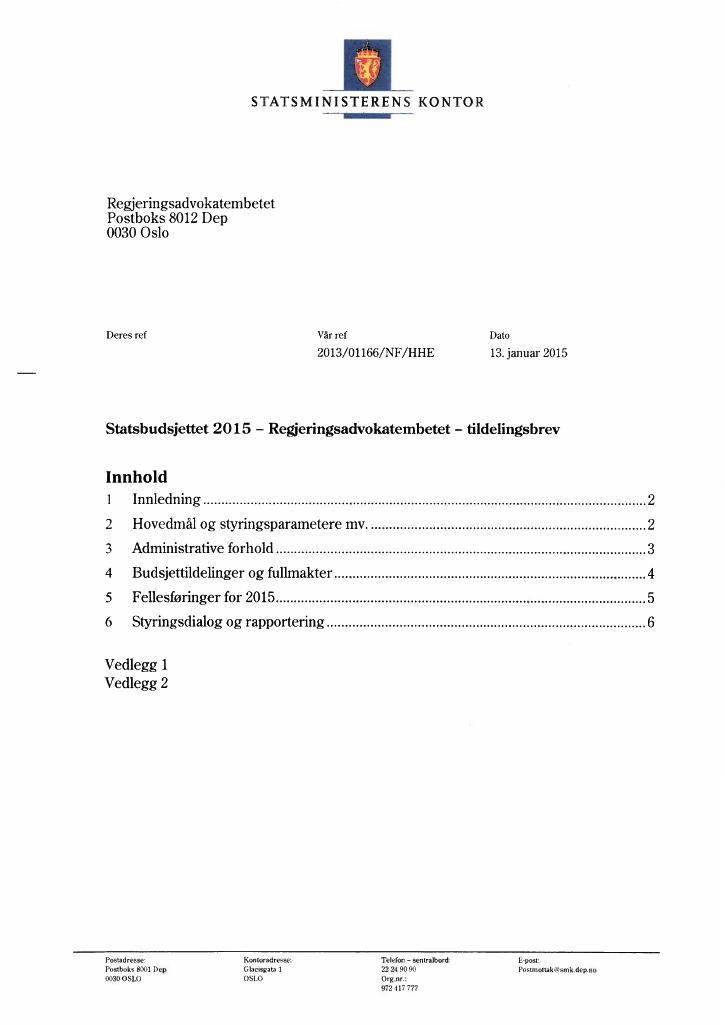 Forsiden av dokumentet Tildelingsbrev Regjeringsadvokatembetet 2015