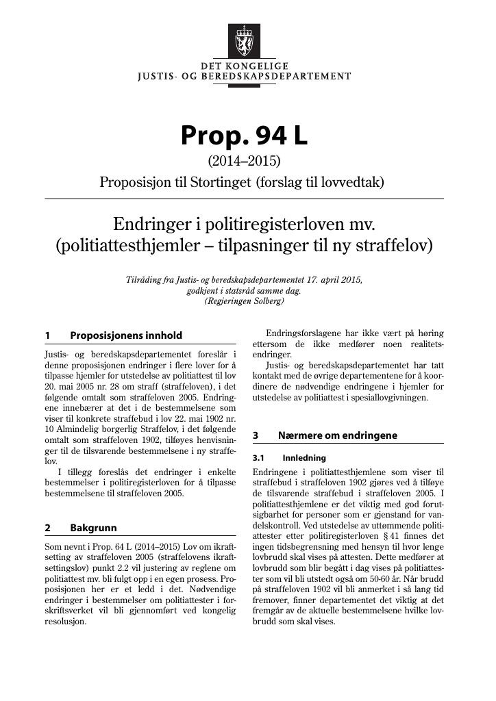 Forsiden av dokumentet Prop. 94 L (2014-2015)