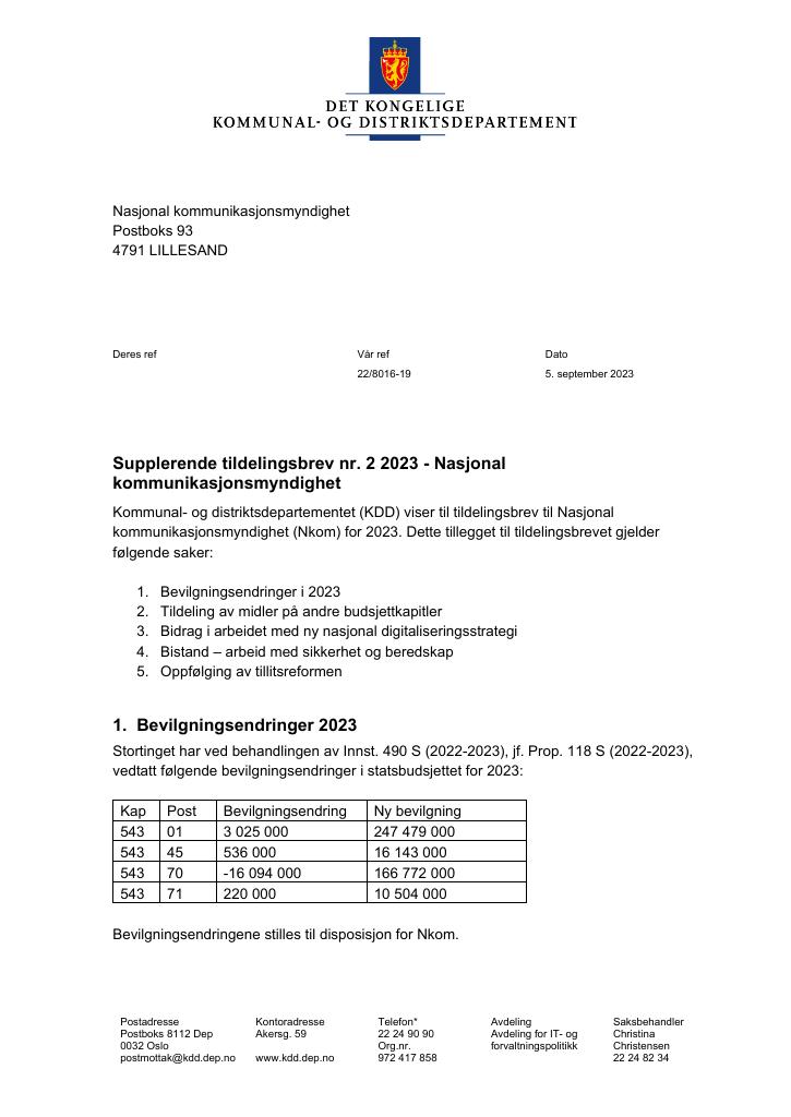 Forsiden av dokumentet tilleggsbrev nr. 2(pdf) 2023