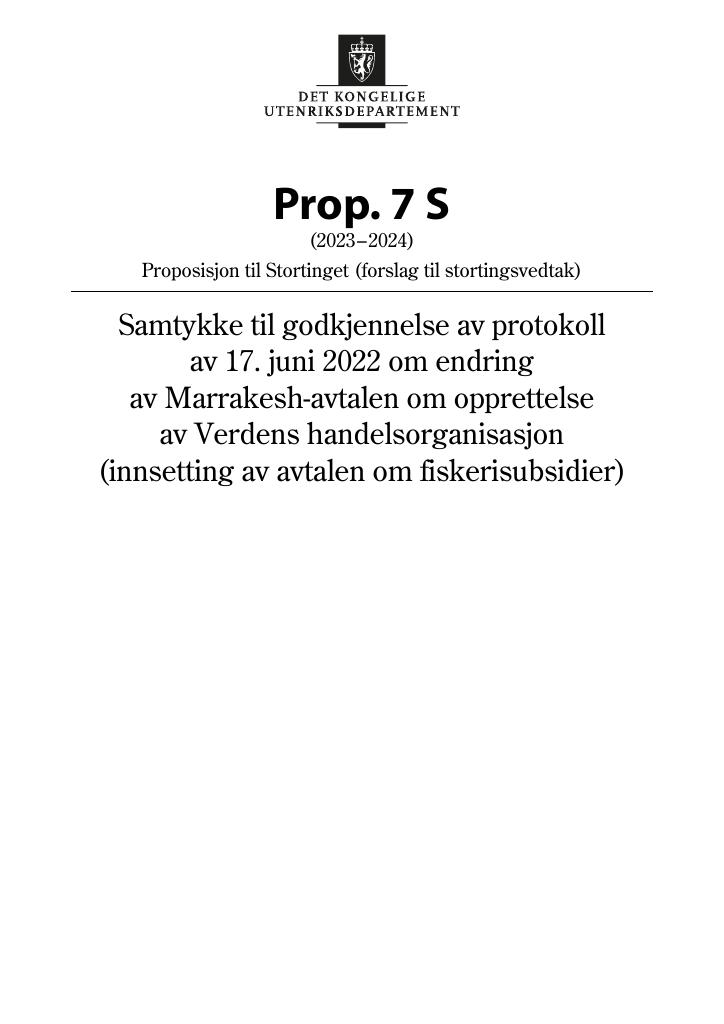 Forsiden av dokumentet Prop. 7 S (2023–2024)