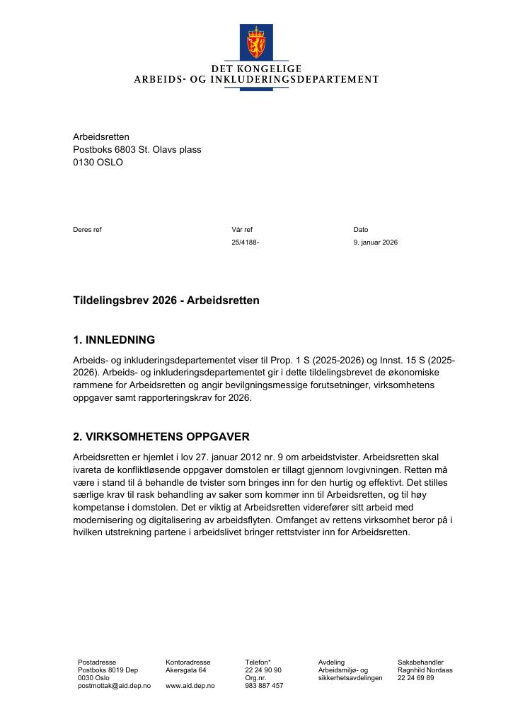 Forsiden av dokumentet Tildelingsbrev Arbeidsretten 2026