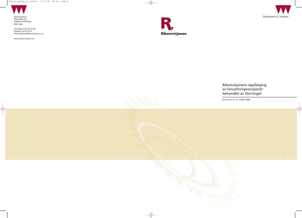 Forsiden av dokumentet Riksrevisjonens oppfølging av forvaltningsrevisjoner behandlet av Stortinget - Dokument nr. 3:1 (2005–2006)