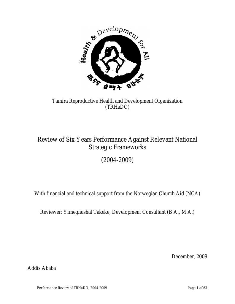 Forsiden av dokumentet Performance Review of Tamra Reproductive Health and Development Organisation against relevant national strategic frameworks (2004-2009)