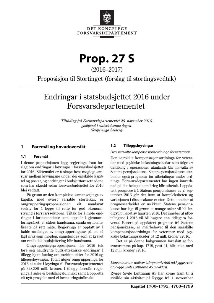 Forsiden av dokumentet Prop. 27 S (2016–2017)