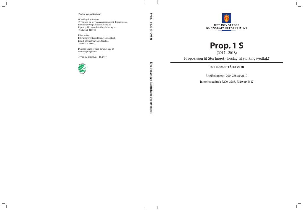 Forsiden av dokumentet Prop. 1 S (2017–2018)