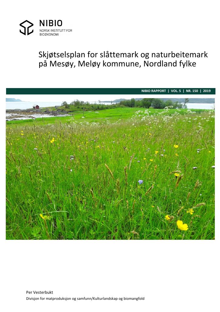 Forsiden av dokumentet Skjøtselsplan for slåttemark og naturbeitemark på Mesøy, Meløy kommune, Nordland fylke