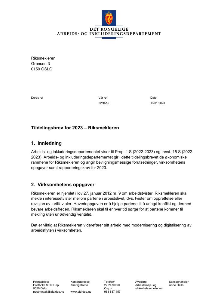 Forsiden av dokumentet Tildelingsbrev Riksmekleren 2023