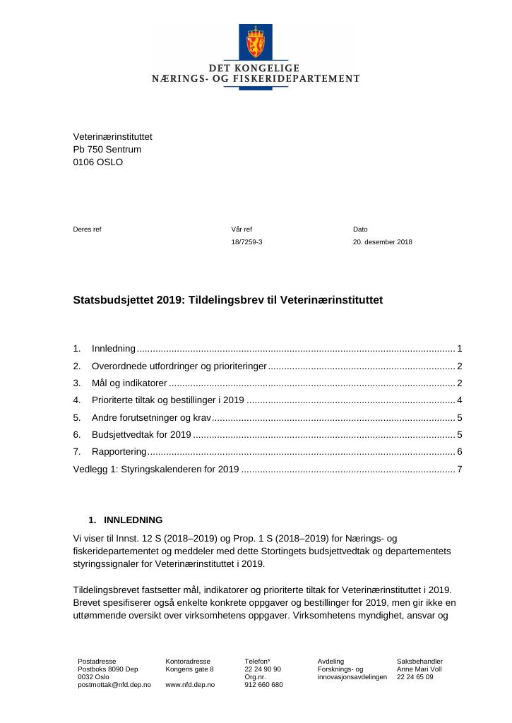 Forsiden av dokumentet Tildelingsbrev Veterinærinstituttet 2019