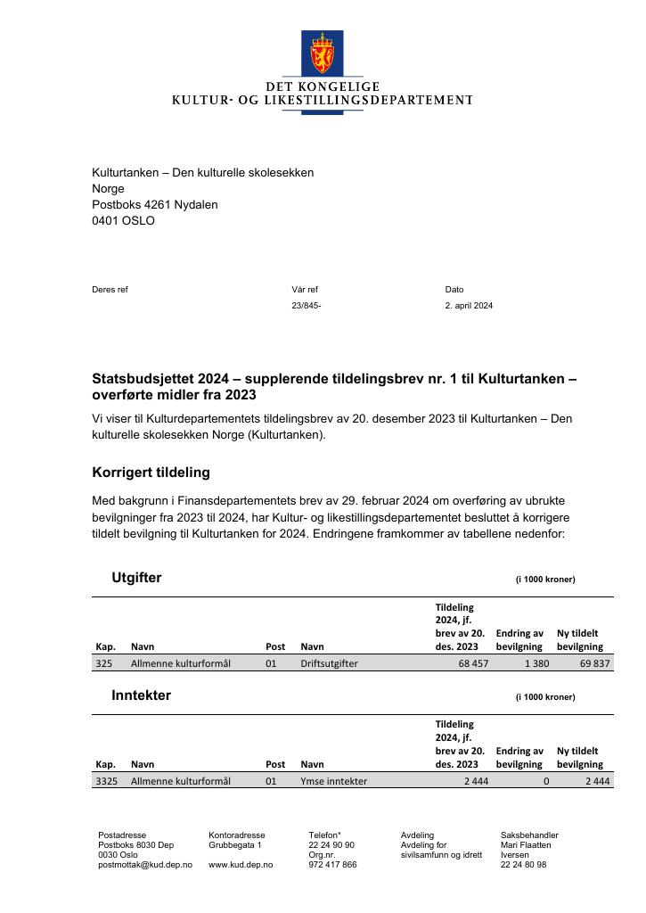Forsiden av dokumentet Tildelingsbrev Kulturtanken - Den kulturelle skolesekken 2024 - tillegg nr. 1