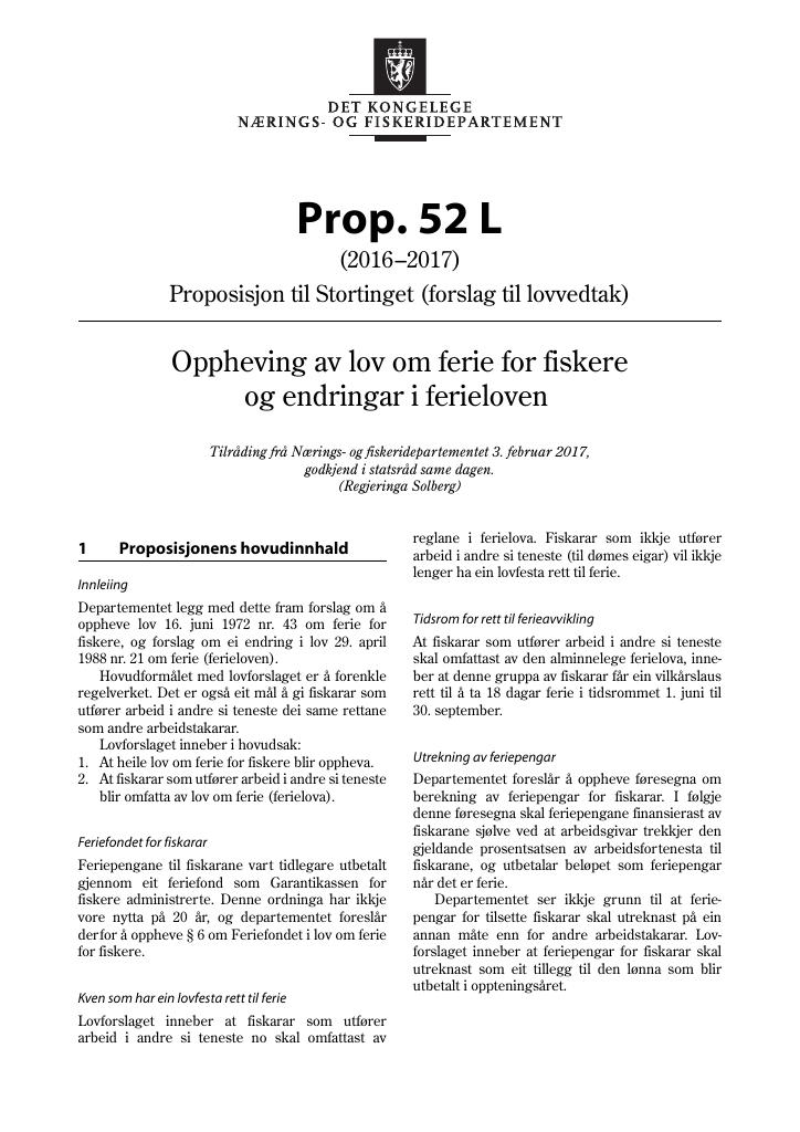 Forsiden av dokumentet Prop. 52 L (2016–2017)