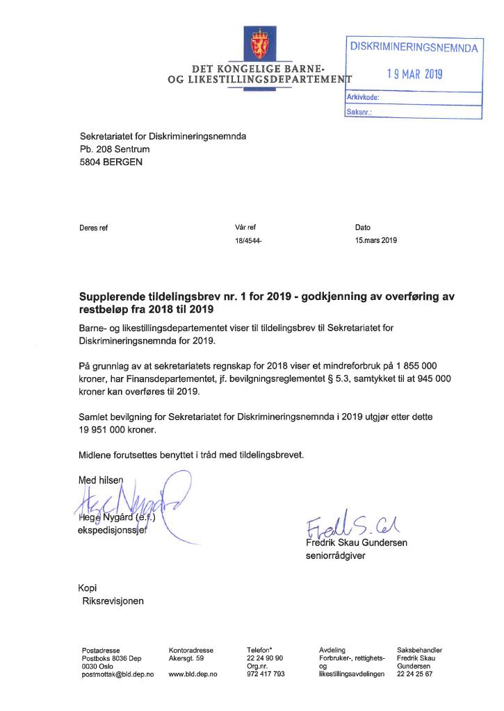 Forsiden av dokumentet Supplerende tildelingsbrev nr. 1 Diskrimineringsnemnda 2019