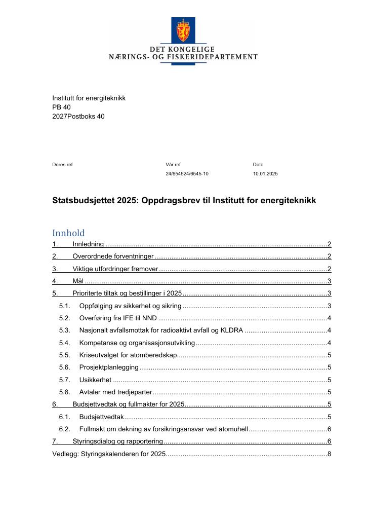 Forsiden av dokumentet Oppdragsbrev til Institutt for energiteknikk 2025