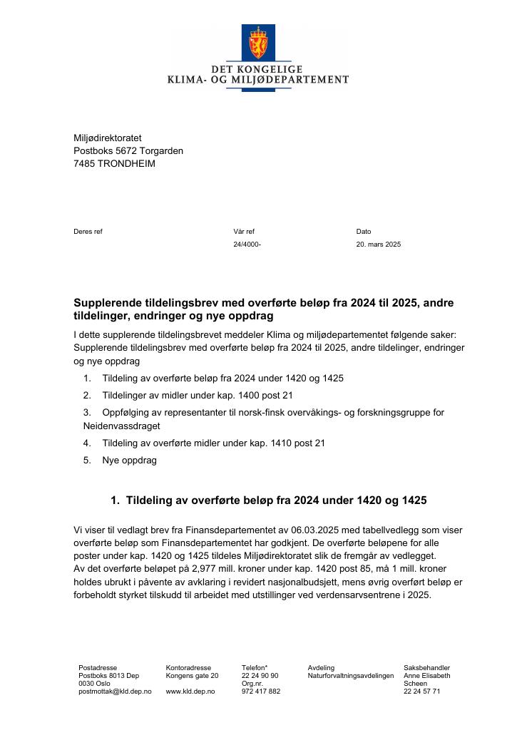 Forsiden av dokumentet Tildelingsbrev Miljødirektoratet 2025 - tillegg nr. 20