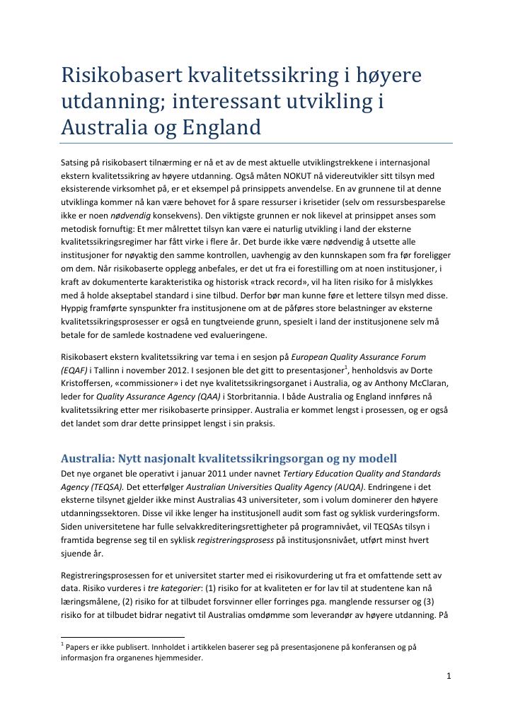 Forsiden av dokumentet Risikobasert kvalitetssikring i høyere utdanning; interessant utvikling i Australia og England