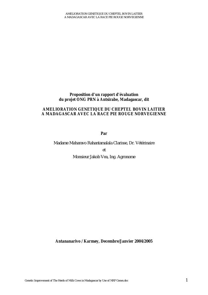 Forsiden av dokumentet Genetic Improvement of The Herds of Milk Cows in Madagascar by Use of NRF Genes