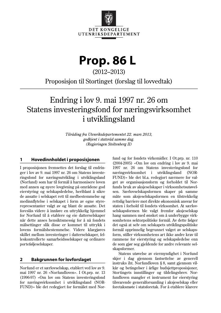 Forsiden av dokumentet Prop. 86 L  (2012–2013)