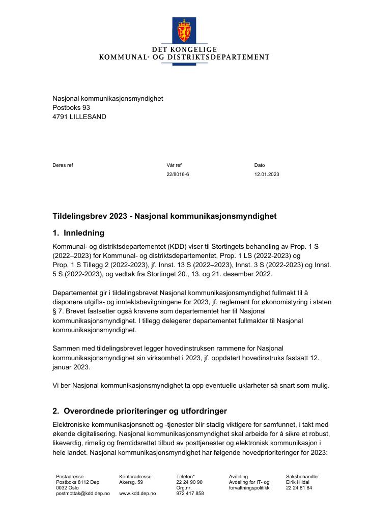 Forsiden av dokumentet Tildelingsbrev Nasjonal kommunikasjonsmyndighet 2023