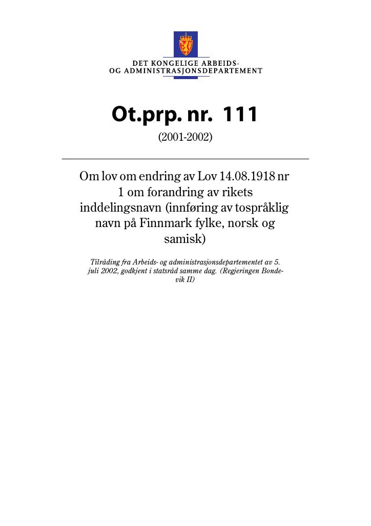 Forsiden av dokumentet Ot.prp. nr. 111 (2001-2002)