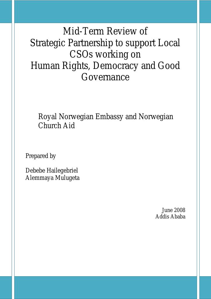 Forsiden av dokumentet Mid-term Review of Strategic Partnership to support local CSOs working on Human Rights, Democracy and Good Governance, Royal Norwegian Embassy and NCA