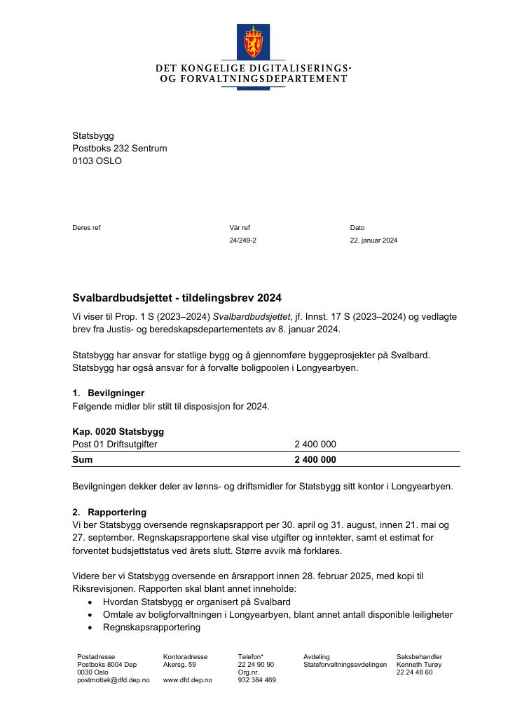 Forsiden av dokumentet Tildelingsbrev Statsbygg 2024