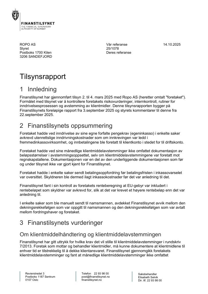 Forsiden av dokumentet Tilsynsrapport ROPO AS
