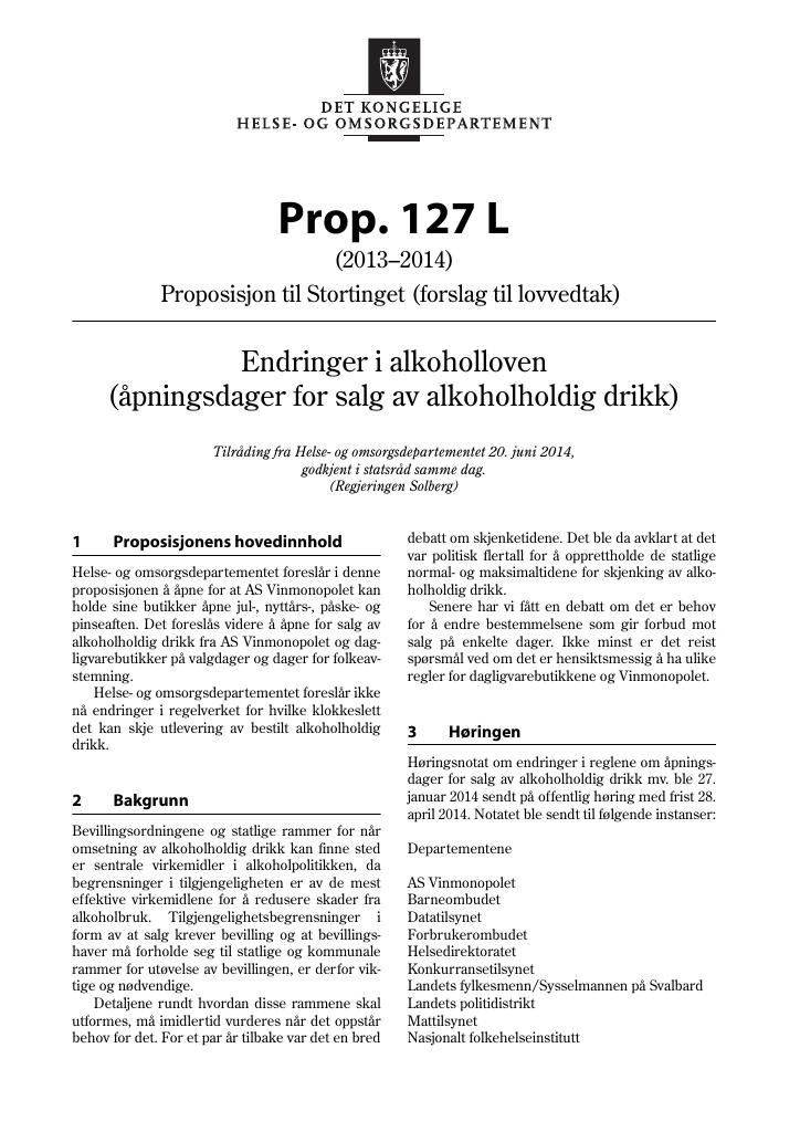 Forsiden av dokumentet Prop. 127 L (2013–2014)