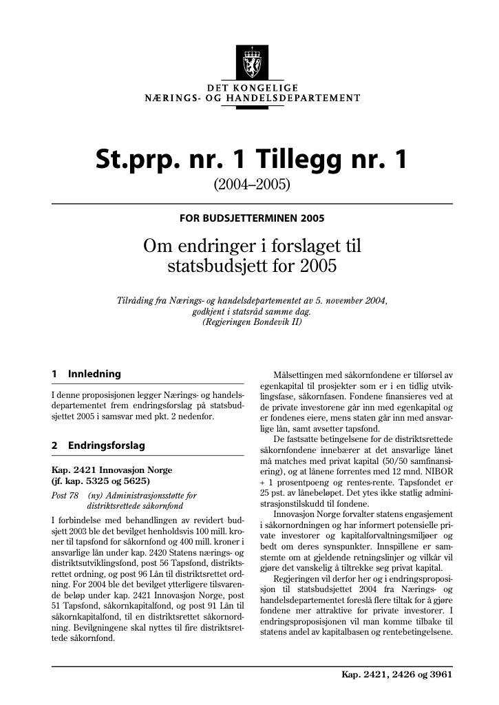 Forsiden av dokumentet St.prp nr. 1 Tillegg nr. 1 (2004-2005)