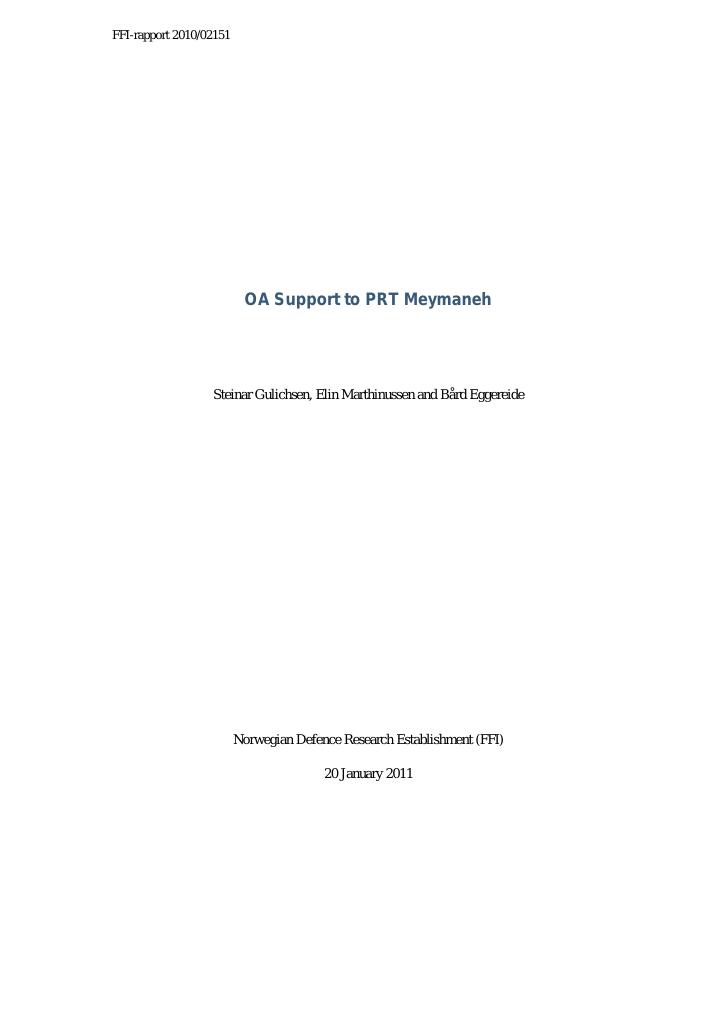 Forsiden av dokumentet OA support to PRT Meymaneh