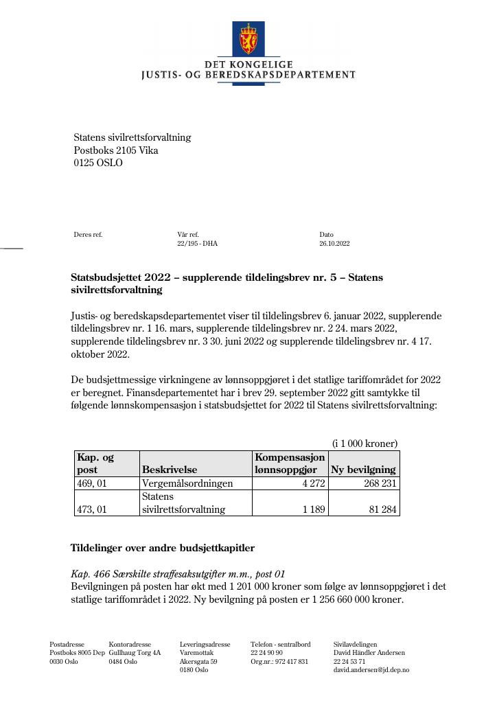 Forsiden av dokumentet Tildelingsbrev Statens sivilrettsforvaltning 2022 - tillegg nr. 4