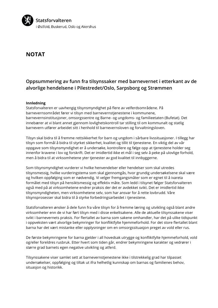 Forsiden av dokumentet Oppsummering av funn fra tilsynssaker med barnevernet i etterkant av alvorlige hendelser