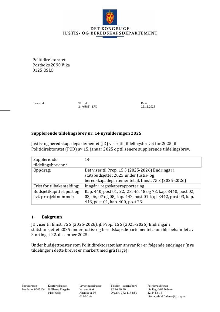 Forsiden av dokumentet Tildelingsbrev Politiet 2025 - tillegg nr. 14