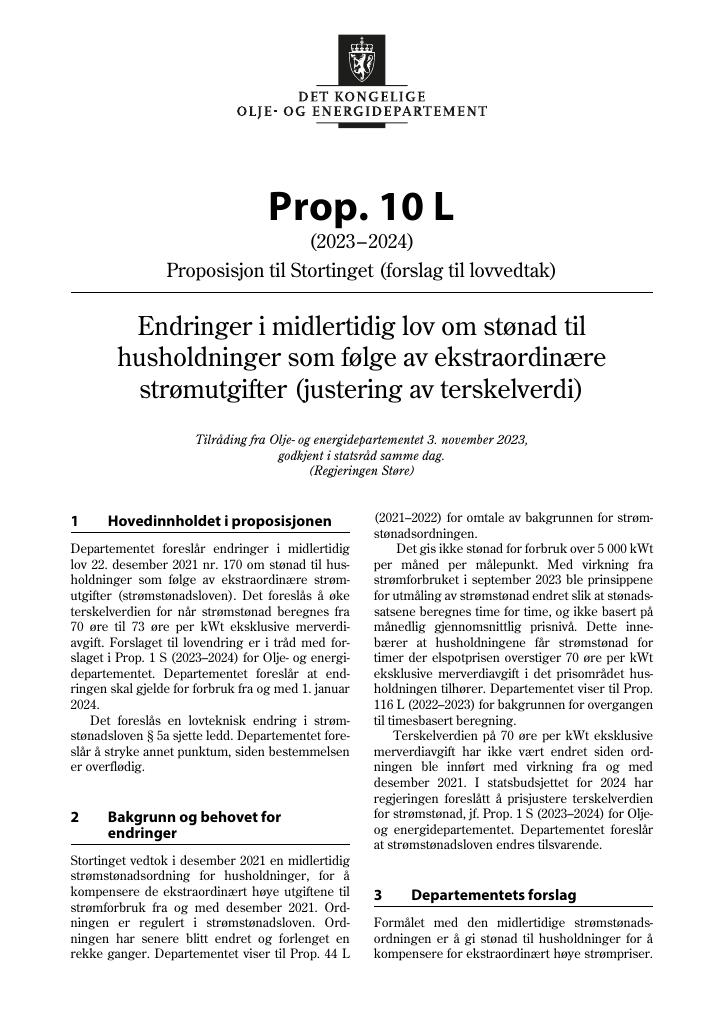 Forsiden av dokumentet Prop. 10 L (2023–2024)