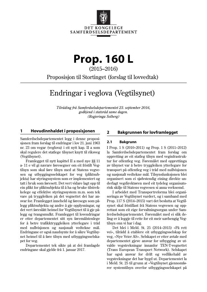 Forsiden av dokumentet Prop. 160 L (2015–2016)